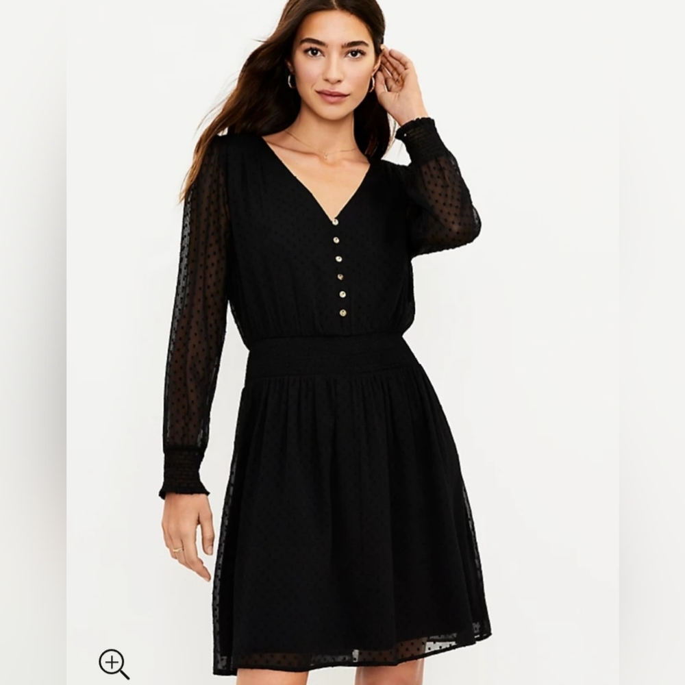 NWT LOFT Petite Smocked Button V-Neck Dress in Black